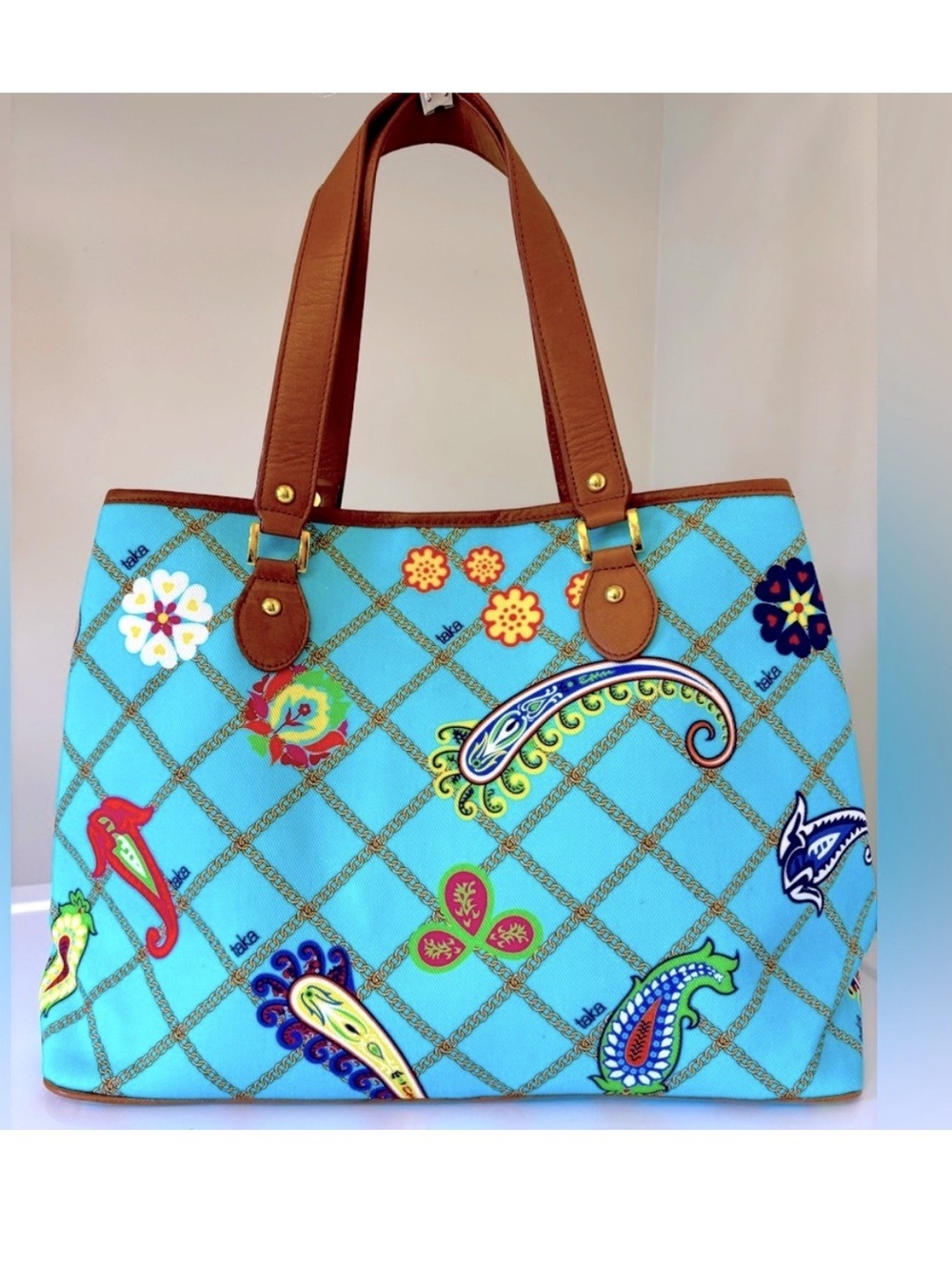 NEW Tote Shoulder Bag Leather Handle Turquoise Blue Green Paisley Design